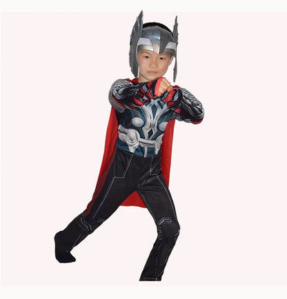 Halloween Carnival Clothes for Children Kids Thor Muscle Costume Superhero Thor Cosplay Muscle Costume Jumpsuit Mask Performance