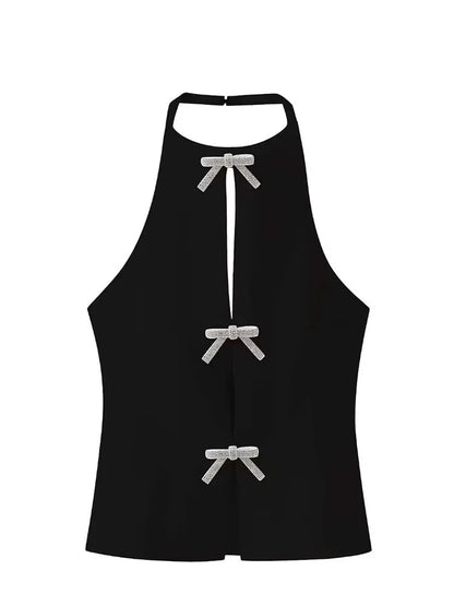 Summer Top Female Jewelry Bow Decoration Hanging Neck Collar Sleeveless Top 2025 Women's Pretty Sling Top