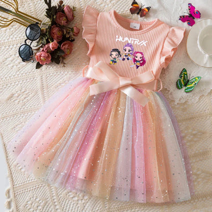 Girls Flying Sleeves Bow Sequin Dress Kids Baby Girl Birthday Party Fluffy Tutu Princess Dress 1-5Y