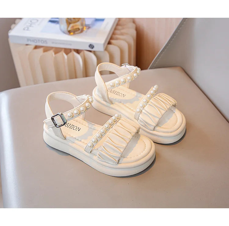 Girls Sandals Kids Summer Shoes Children's Beach Sandals with Pearls Princess Sweet Anti-slippery Open Toes Lace Chic Beading