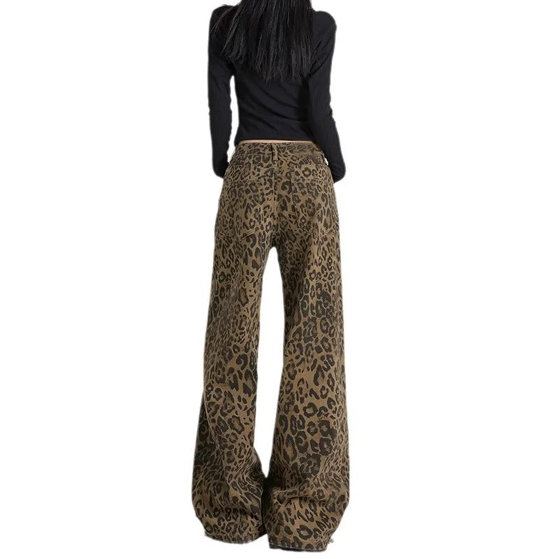 High Waist Leopard Jeans Women Wide Leg Jean