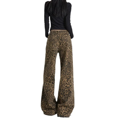 High Waist Leopard Jeans Women Wide Leg Jean