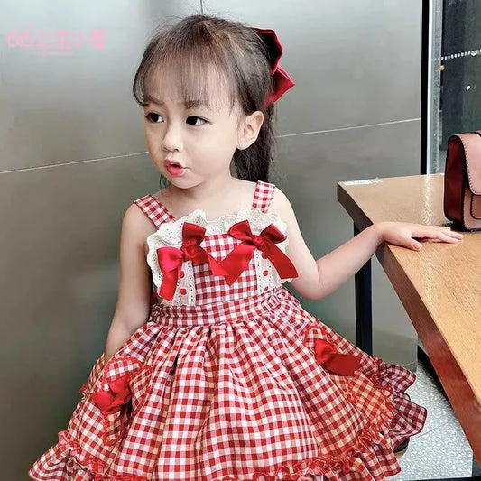 Vestido Lolita para Meninas, Estilo Verão, Vestido Princesa Xadrez Elegante para Crianças, Vestido de Alça Sem Costas para Bebê Menina
