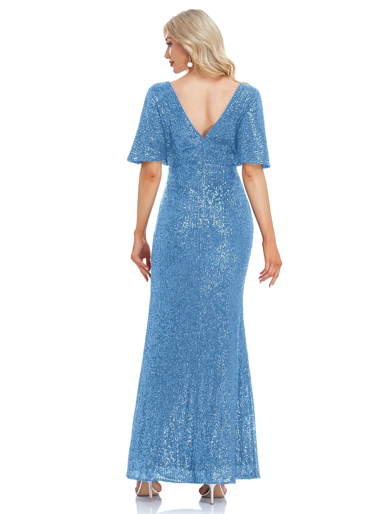 Women Elegant V-neck Luxury Evening Dress Sexy Sequin Mermaid Dress Floor Lenght Prom Blue Party Dress vestido