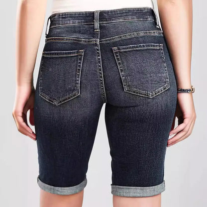 Jeans Curto Feminino Confortável de Cintura Média e Slim