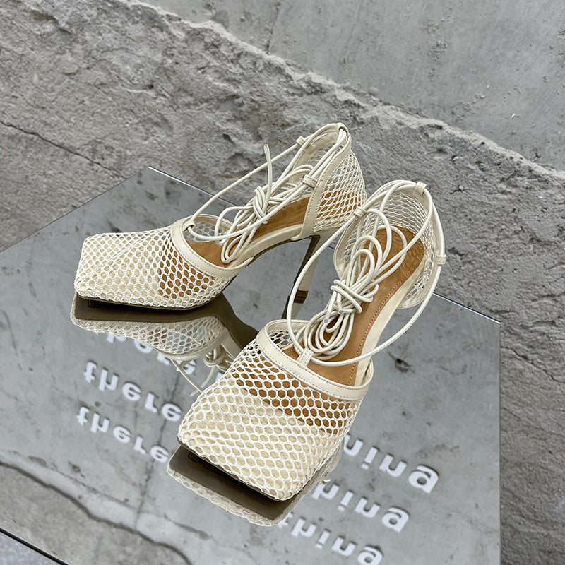 2025 Summer Sexy Mesh Pumps Sandals Female Square Toe High Heel Lace Up Cross-Tied Stiletto Hollow Dress Party Shoes