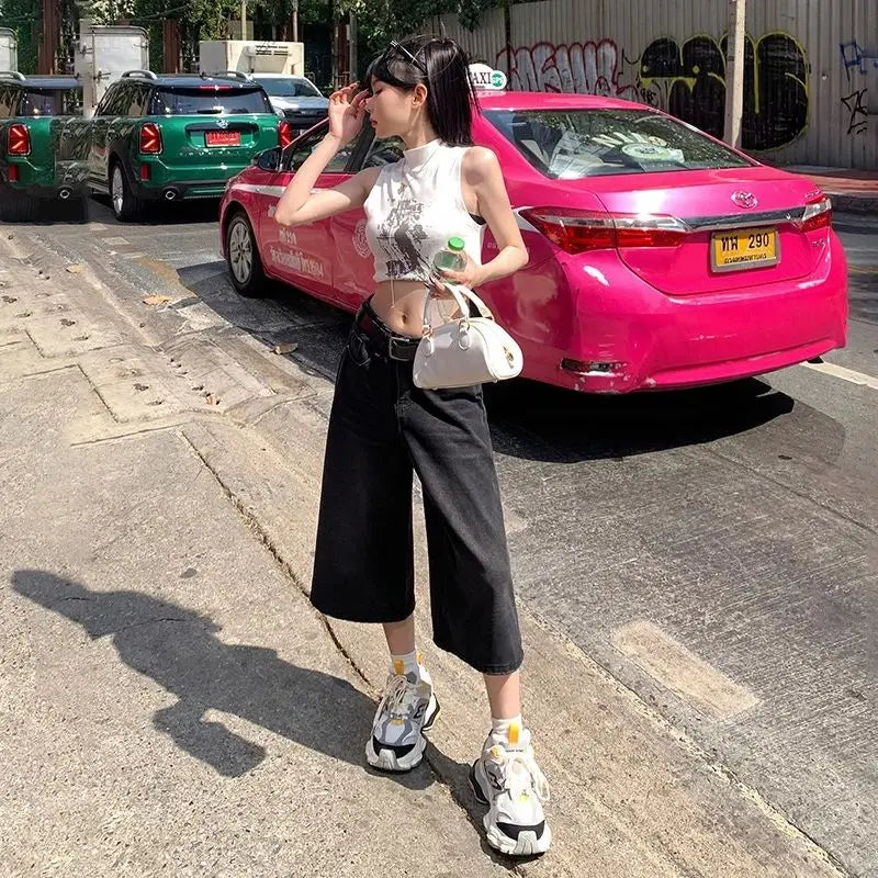 Verão American Style Vintage Feminino Jeans Folgado Y2k Solto Lavado Cintura Alta Calça Jeans Comprimento Joelho Streetwear Shorts Perna Larga