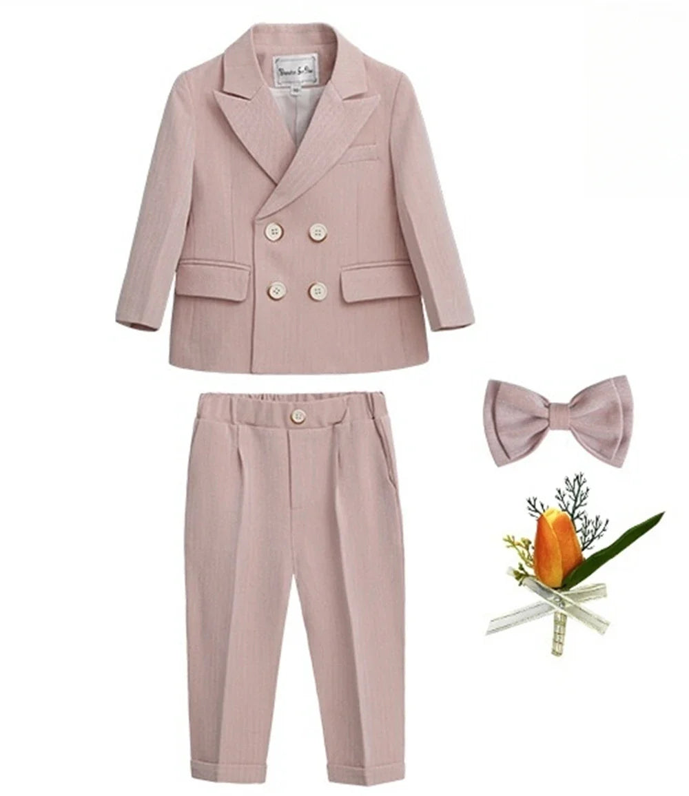 Macaroon Colorful Toddler Suit Set Double Breasted Kids Suits Blazer Pants Bow-tie Brooch Boy's Formal Tuxedo Dresswear