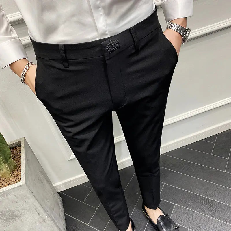 Men's Slim Fit Chino Pants with Embroidered Design - Classic Korean Style Casual Trousers for Daily Wear 28-42