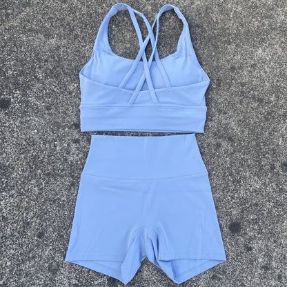 Yoga Shorts Set Gym Sports Set Women Workout Clothes 2 Piece Fitness Suit Cross Straps Bra High Waist Shorts Running Tracksuit