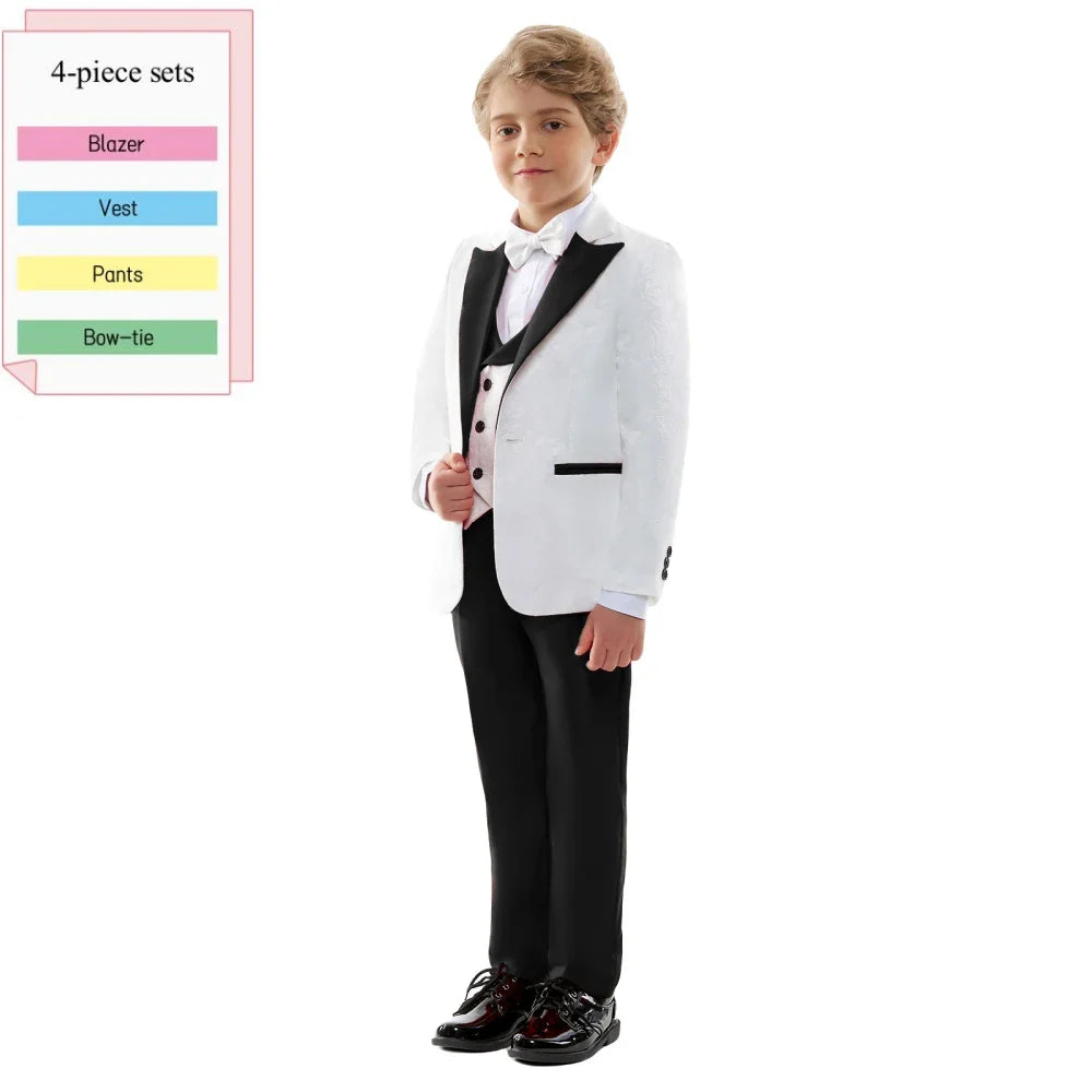 2026 New Formal Black Jacquard Suit Set 4 Pieces Wedding Ring Bearer Outfit Handsome Peak Lapel Suits For Birthday Party 3-14T
