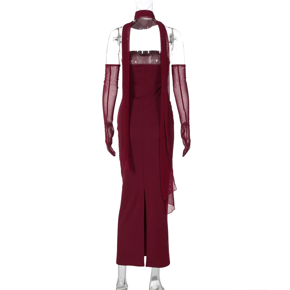 Elegant Scarf Strapless Solid Mesh Gloves Sexy Bodycon Maxi Prom Dress Women Fashion Y2K Outfits Wedding Party Birthday