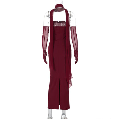 Elegant Scarf Strapless Solid Mesh Gloves Sexy Bodycon Maxi Prom Dress Women Fashion Y2K Outfits Wedding Party Birthday