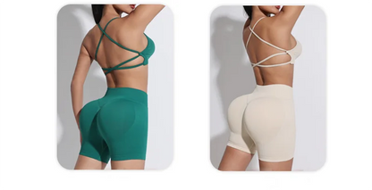 Peach Hip Lifting Suit Back Cross Sports Bra Shockproof Bra Quick Drying Shorts Set Gym Fitness Running Yoga Suit