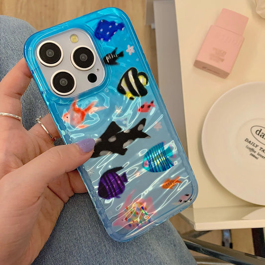 Korean Ins Ripple Texture Aquaria Lovely Fishes Case for iPhone 17 16 15 14 13 11 Pro Max Plus Back Phone Cover for 12 Pro Max