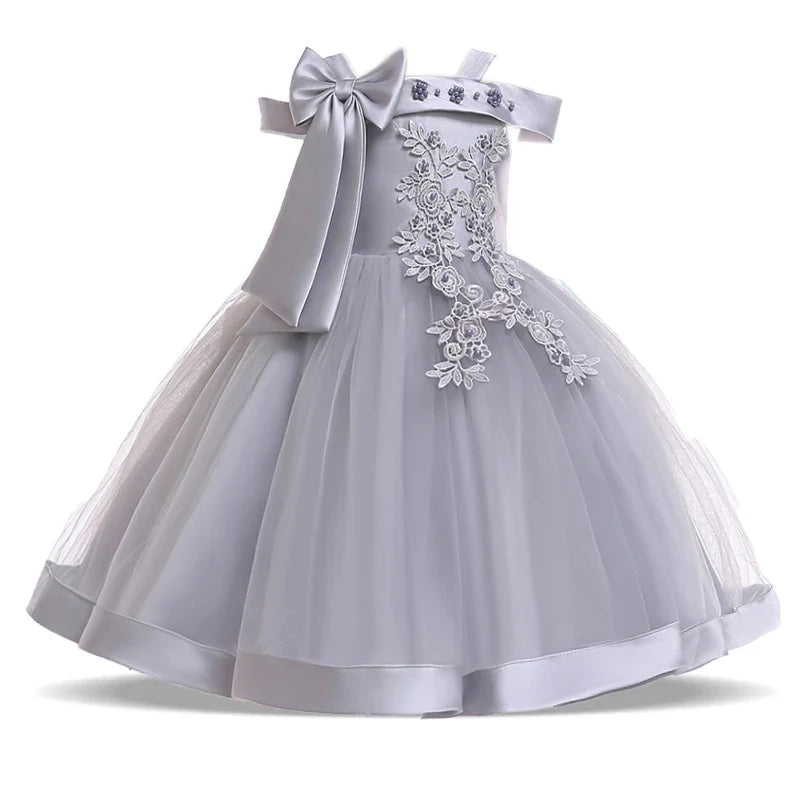 Summer Bow Party Wedding Girls Dresses Elegant Tulle Bridesmaid Birthday Princess Prom Dress Girl Gala Christmas Evening Costume