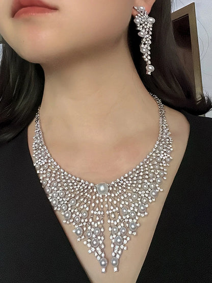 Luxury Cubic Zirconia 2pcs Pearl Necklacе Nigeria Dubai Bridal Wedding Jewellery Sets For Women Party  Accessories