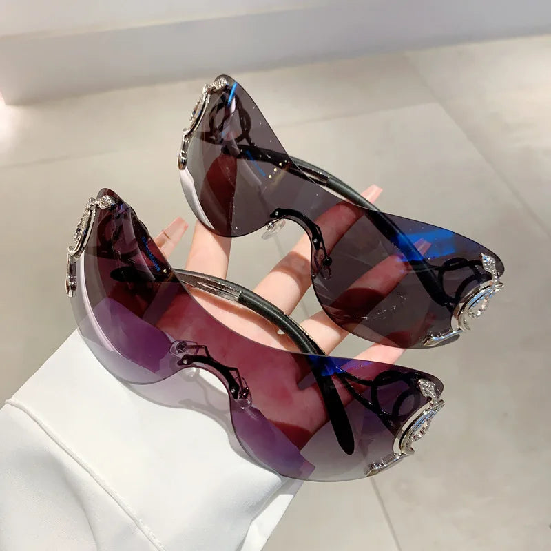 Y2K Rimless Luxury Brand Designer Sunglasses Women For Men One Piece Trendy Oversized Sun Glasses Metal Snake Pink Punk Shades