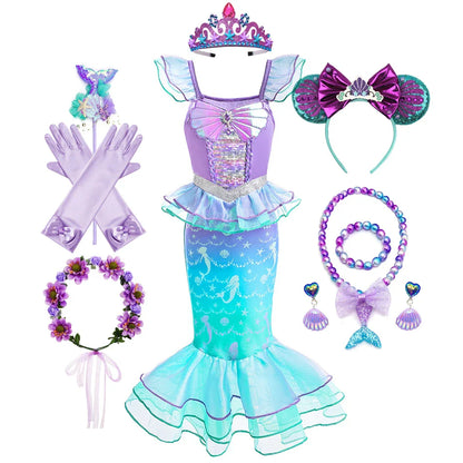 Ariel Cosplay Princess Costume Kids Cartoon Printed Dress Girls Halloween Children Carnival Birthday Party Clothes
