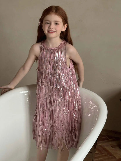 Vestido Infantil Meninas 2025 Verão Novo Moda Infantil Vestido de Borla Brilhante de Luxo Vestido de Aniversário para Meninas