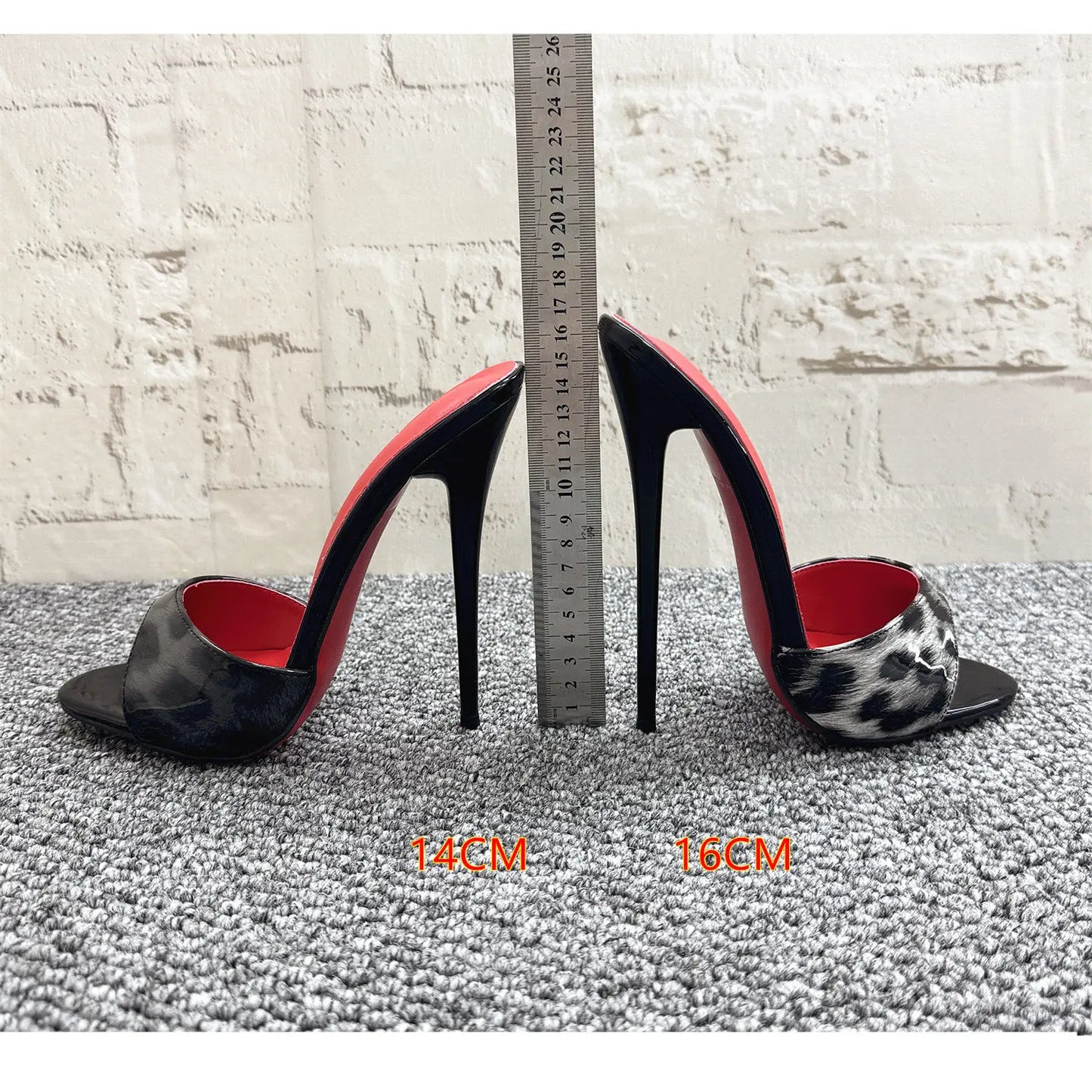 New 12cm fashionable high-heeled patent leather leopard print slippers with sexy open toed sandals, reversed size, 33-46