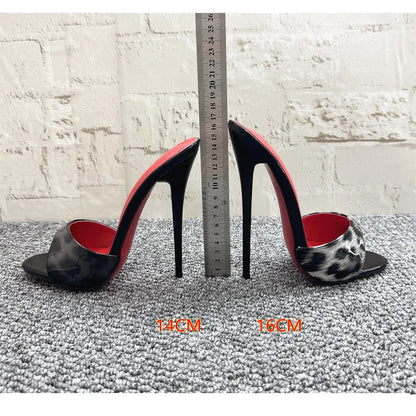 New 12cm fashionable high-heeled patent leather leopard print slippers with sexy open toed sandals, reversed size, 33-46