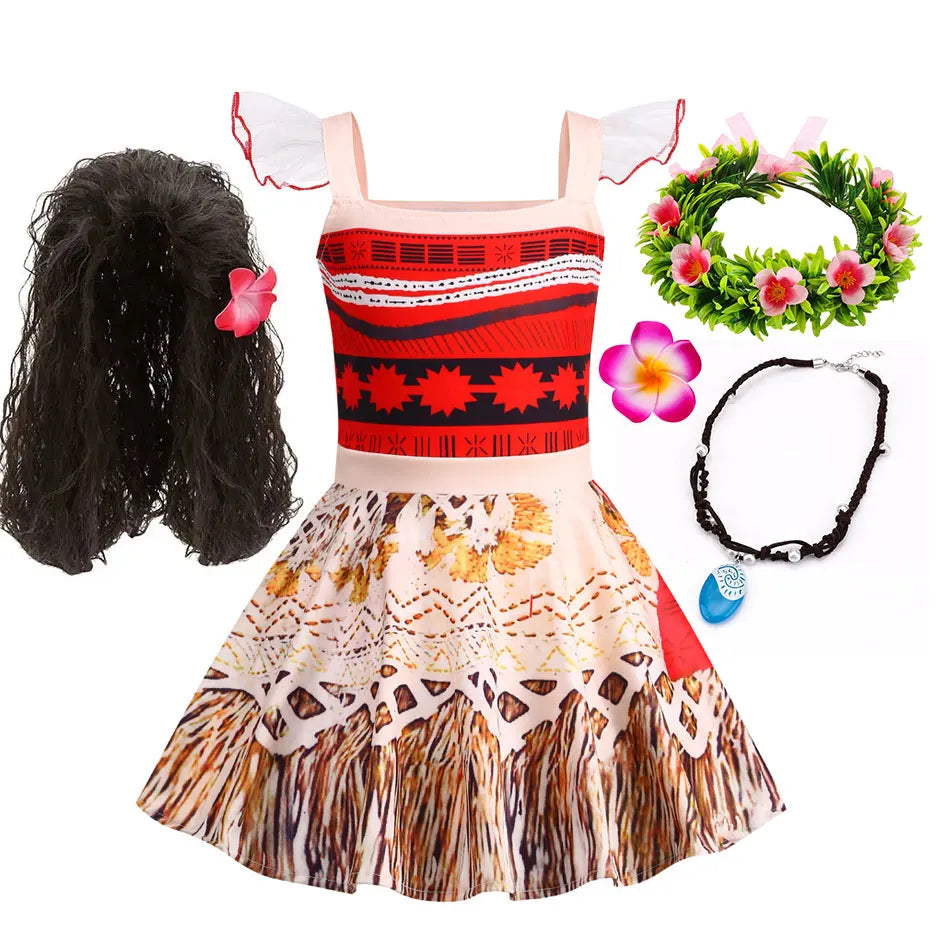 Vestido Moana Casual para Menina 2024, Aventura no Oceano, 2 Fantasias de Vaiana Chique, Traje de Halloween Princesa, Roupa de Verão, Vestido
