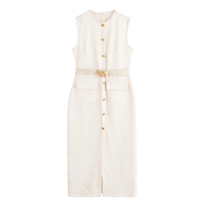 Womens Dresses Black Office Long Dresses for Women Spring Sleeveless Midi Dress Woman Belt Button Women's Dress Vest