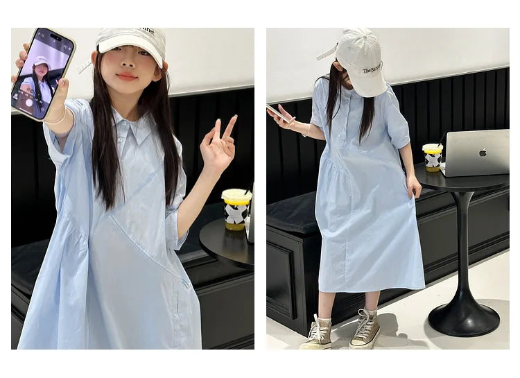 Girls' Dress Short Sleeve Fluffy High-End School Style Medium to Large Sizes Trendy Fashionable, Lightweight