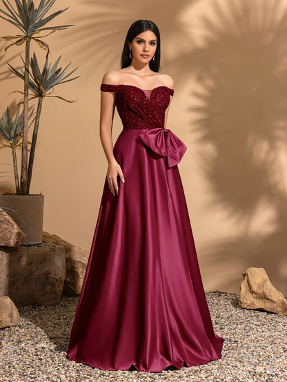 Off-the-shoulder sequined satin elegant dress with bow at waist