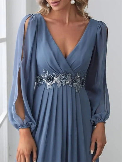 Elegant Women's Evening Dresses Tulle Full Sleeve Sexy V-Neck Prom Gowns Appliques Empire Pleated A-Line Elegant Bridal Dress