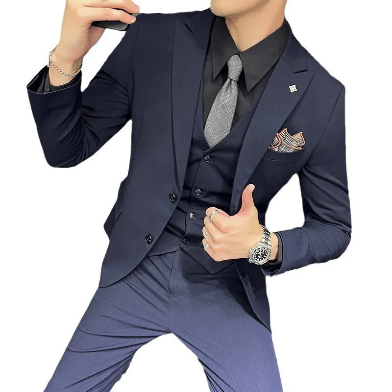 Slim Fit Men's Three Piece Suit Thin Single Button Notch Lapel Casual Fashion Cotton Blend Spring Autumn Wear for Youth