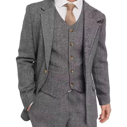 Brown Tweed Sharkskin Men's Formal Suit 3-Piece Smoking Jacket Vest Trousers Business Wedding Grooming