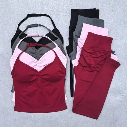 Seamless Yoga Set Women 2Pcs Padded Halter Tank Top Scrunch Butt Lifting Gym Leggings Set Woman Sportswear Workout Clothes