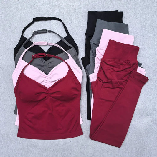 Seamless Yoga Set Women 2Pcs Padded Halter Tank Top Scrunch Butt Lifting Gym Leggings Set Woman Sportswear Workout Clothes