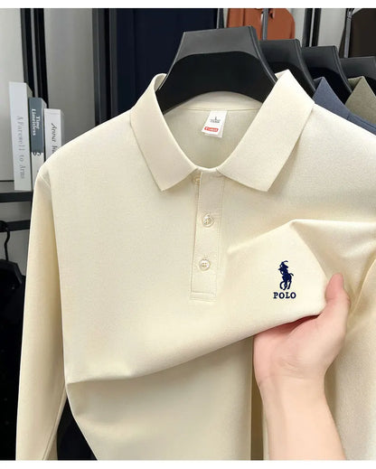 2025 autumn men's long sleeved T-shirt with a solid color polo shirt and a loose casual plus size base shirt