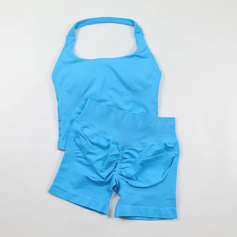 Seamless Yoga Set Womens Backless Halter Tank Top Ribbed Waist Gym Shorts 2 Piece Sets Women Outfit Workout Clothes