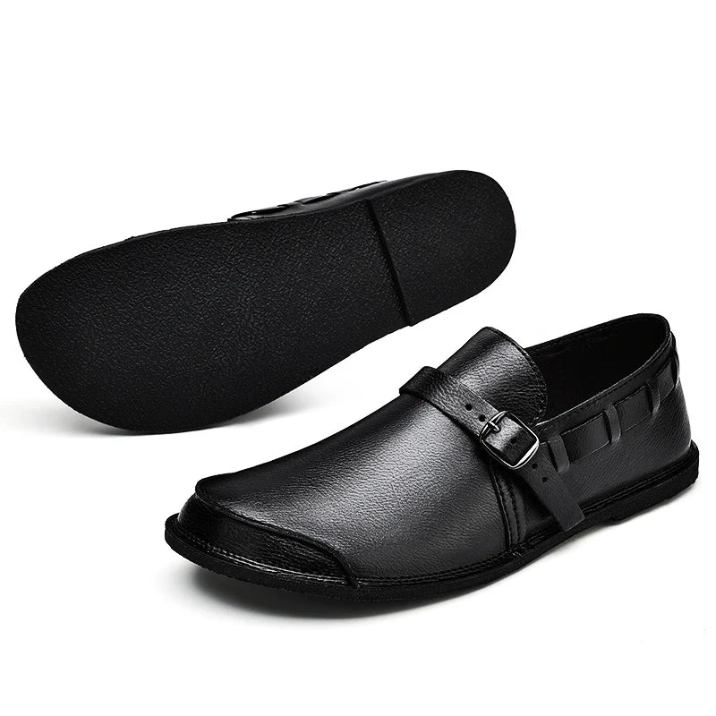 Sapatos Masculinos de Couro com Bico Largo e Sem Cadarço, Flats Casuais Minimalistas Antiderrapantes Primavera Verão Outono