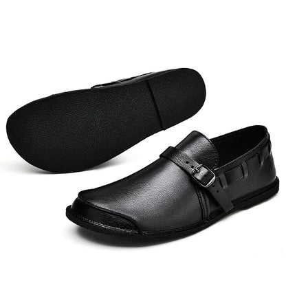 Sapatos Masculinos de Couro com Bico Largo e Sem Cadarço, Flats Casuais Minimalistas Antiderrapantes Primavera Verão Outono