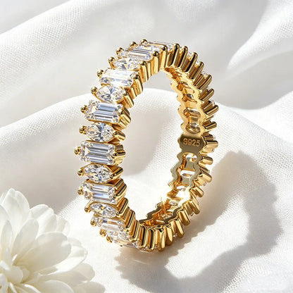 18k Plated 2*4mm Full Moissanite Rings for Women Emerald Cut Full Eternity Band S925 Sterling Silver Pass Diamond Tester