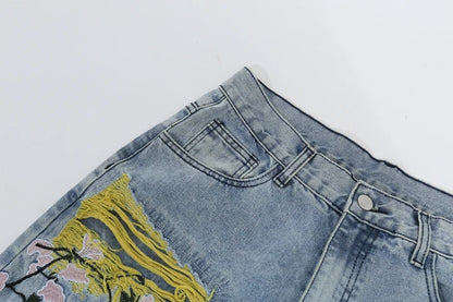 Chinese Painting Embroidered Patch Denim Ripped Jeans for Men Streetwear Pleated Tassels Distressed Destroyed Jean Straight Male