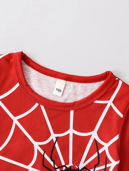 Boys summer "Spider Web" fashionable personality trend pattern round neck short sleeves & shorts & spider bag three-piece set