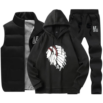 3 Pieces Set Hoodies+Vest+Pants Casual Track Suit Clothing Coats Winter Thick Warm Tracksuit for Couple Printed Mens Set Vest