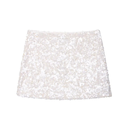 Women Y2K With Sequined Solid A-Line Mini Skirt Side Zipper High Waist Female Chic Lady Casual Skirts