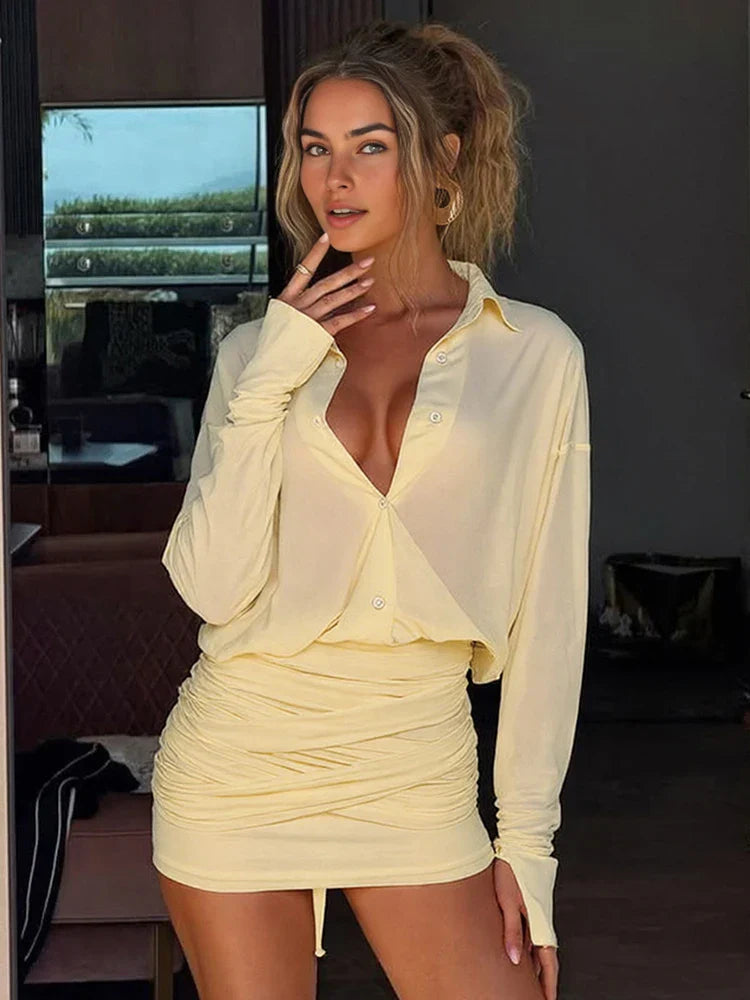 Ruched See Through Dress Women Patchwork Single-Breasted Full Sleeve Bandage Tassel Trend Streetwear Mini Bodycon