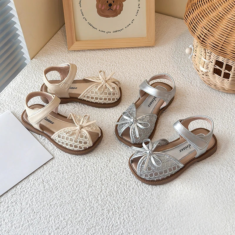 New Summer Girls Sandals Princess Beach Shoes Braided Peep-toe Kids Sandals Butterfly-knot Sweet Soft Breathable Footwear I10317