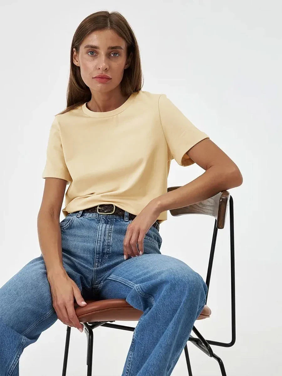 Summer 100% Cotton Women's T-shirt Bottoming Basic Fashionable Solid Lady Short Sleeve Loose Tops Shirts 230g/㎡ Tops