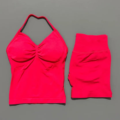 2 Pieces Sports Set Women Backless Halter Tops Fitness Tank Top High Waist Seamless High Stretch Shorts Gym Workout Sets