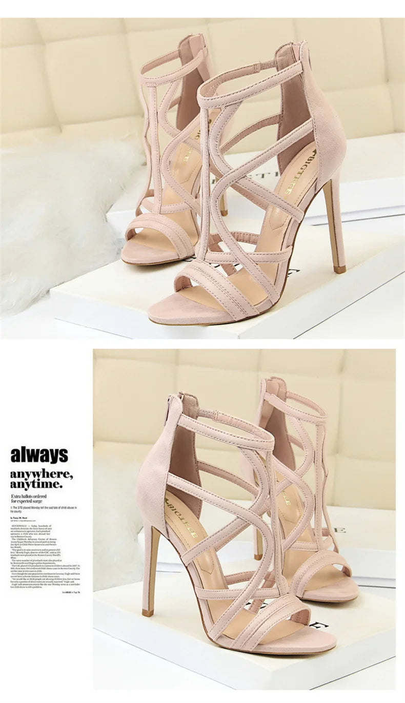 Women Roman Style Thin High Heels Pumps Pointed Toe Suede Hollow Strap Party Shoes Solid Ankle Zip Summer Sandals
