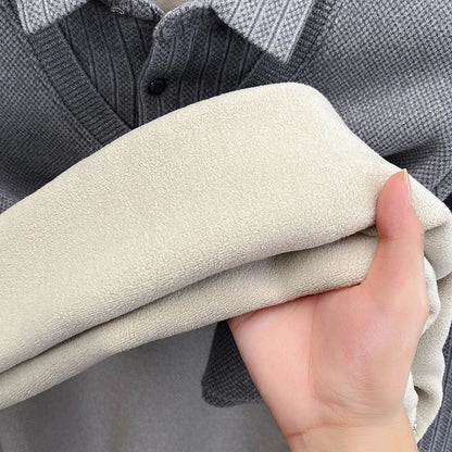 Winter Men's Vacation Two-piece Thick Woolen Sweater with A Warm Collar and Knitted Polo Base for Middle-aged and Elderly People